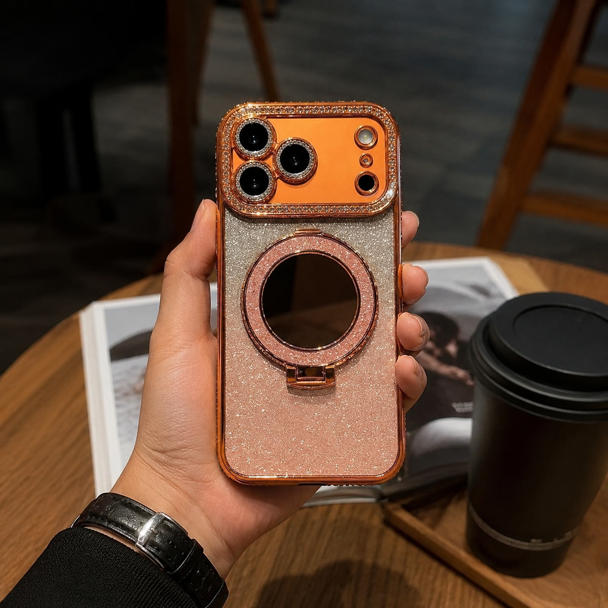 Premium iPhone Case MagSafe Glitter Diamond Clear Mirror Magnetic Ring Holder PC TPU Sparkling Shockproof Slim Protective Stand Cover Case Design