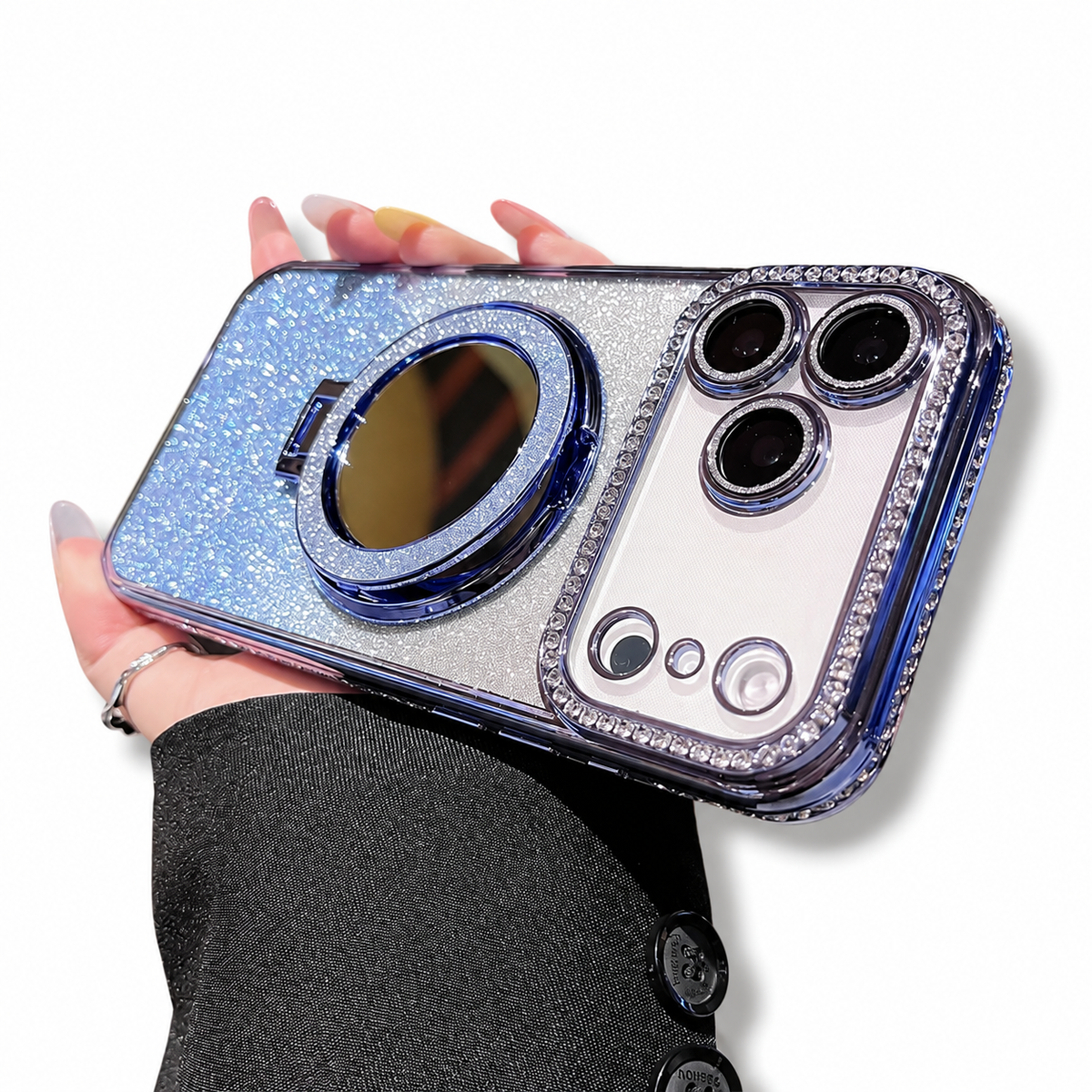 Premium iPhone Case MagSafe Glitter Diamond Clear Mirror Magnetic Ring Holder PC TPU Sparkling Shockproof Slim Protective Stand Cover Case Design