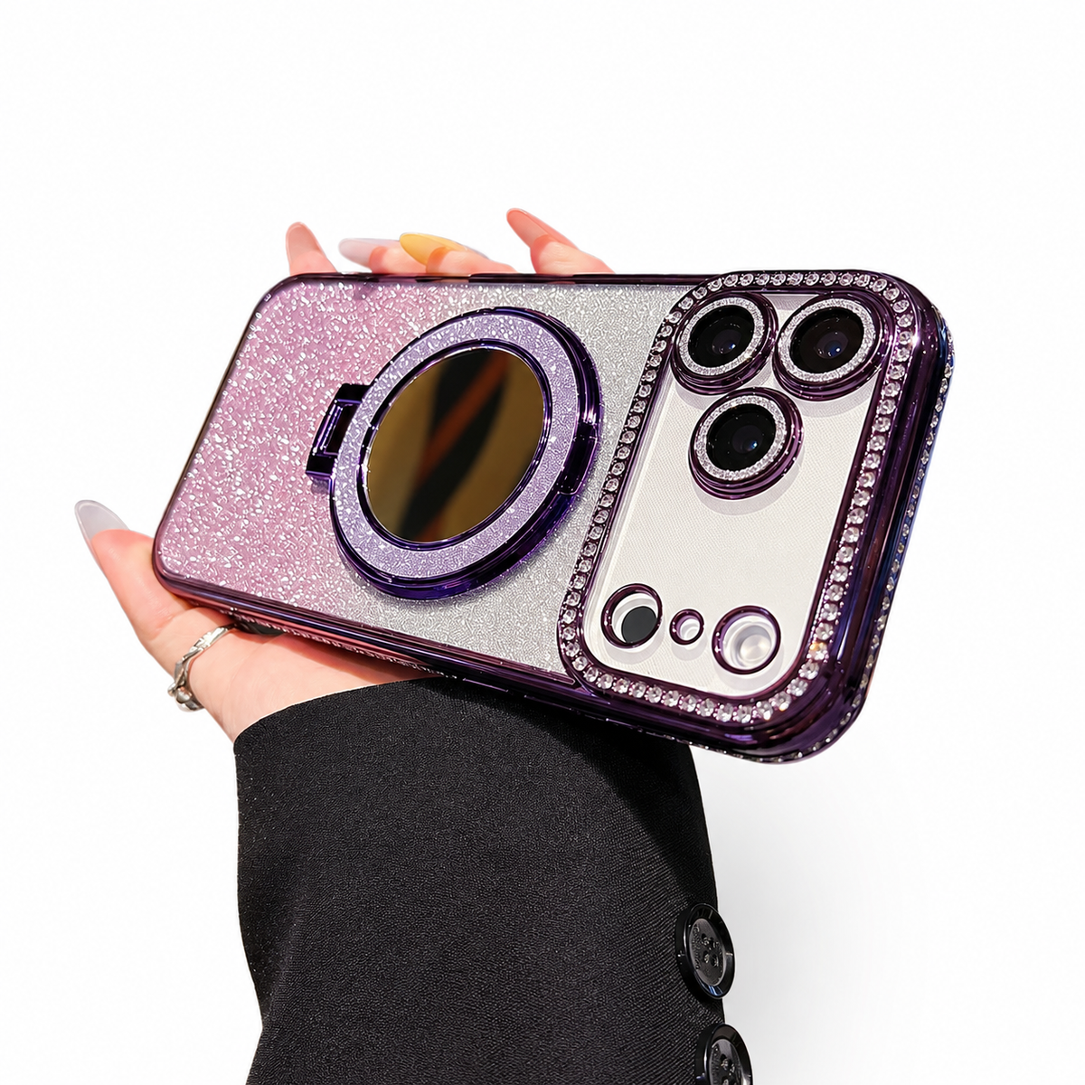 Premium iPhone Case MagSafe Glitter Diamond Clear Mirror Magnetic Ring Holder PC TPU Sparkling Shockproof Slim Protective Stand Cover Case Design