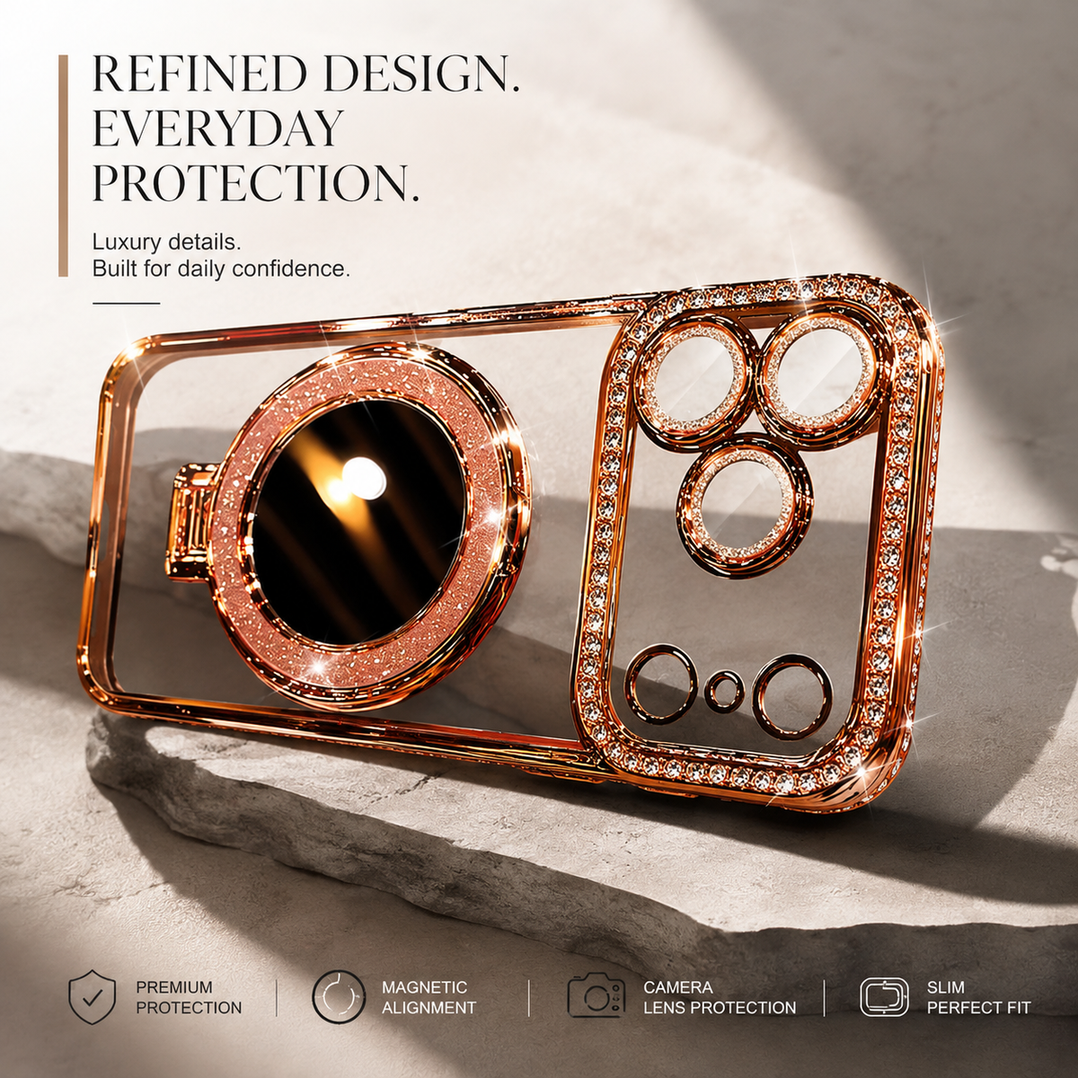 Premium iPhone Case MagSafe Glitter Lens Film Mirror Magnetic Ring Stand Clear TPU Shockproof Anti Scratch Slim Sparkling Protective Cover Case Design