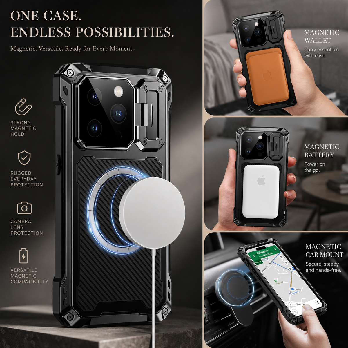 Premium iPhone Case MagSafe Heavy Duty Aluminum Armor Shockproof Full Coverage Camera Screen Protection Kickstand Non Slip Dual Layer Rugged Case