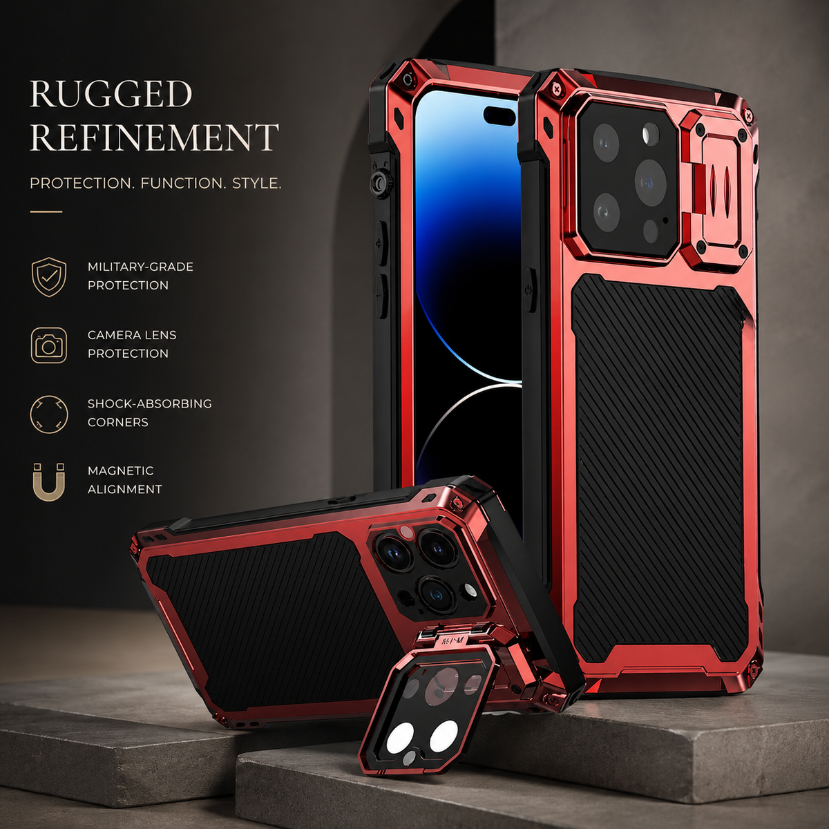 Premium iPhone Case MagSafe Heavy Duty Aluminum Armor Shockproof Full Coverage Camera Screen Protection Kickstand Non Slip Dual Layer Rugged Case