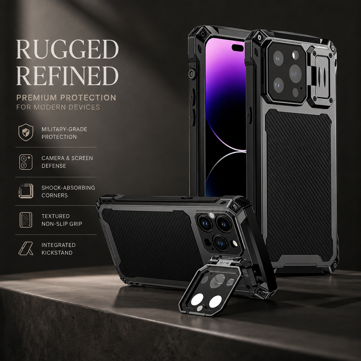 Premium iPhone Case MagSafe Heavy Duty Aluminum Armor Shockproof Full Coverage Camera Screen Protection Kickstand Non Slip Dual Layer Rugged Case