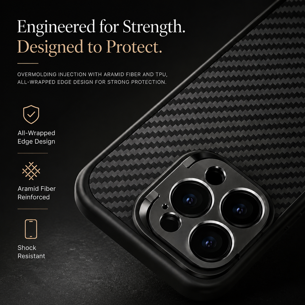 Premium iPhone Case MagSafe Kevlar 600D Aramid Fiber Camera Ring Stand Shockproof Anti Fingerprint Half Wrapped Cover Slim Protective Design