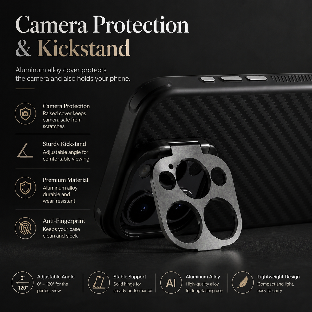 Premium iPhone Case MagSafe Kevlar 600D Aramid Fiber Camera Ring Stand Shockproof Anti Fingerprint Half Wrapped Cover Slim Protective Design
