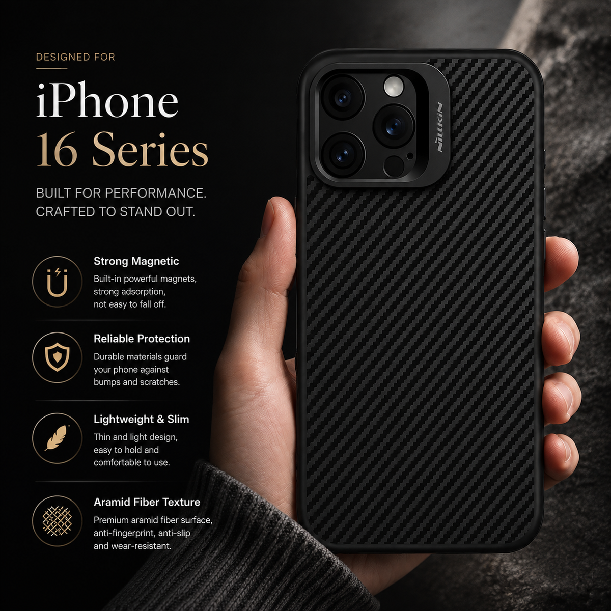 Premium iPhone Case MagSafe Kevlar 600D Aramid Fiber Camera Ring Stand Shockproof Anti Fingerprint Half Wrapped Cover Slim Protective Design
