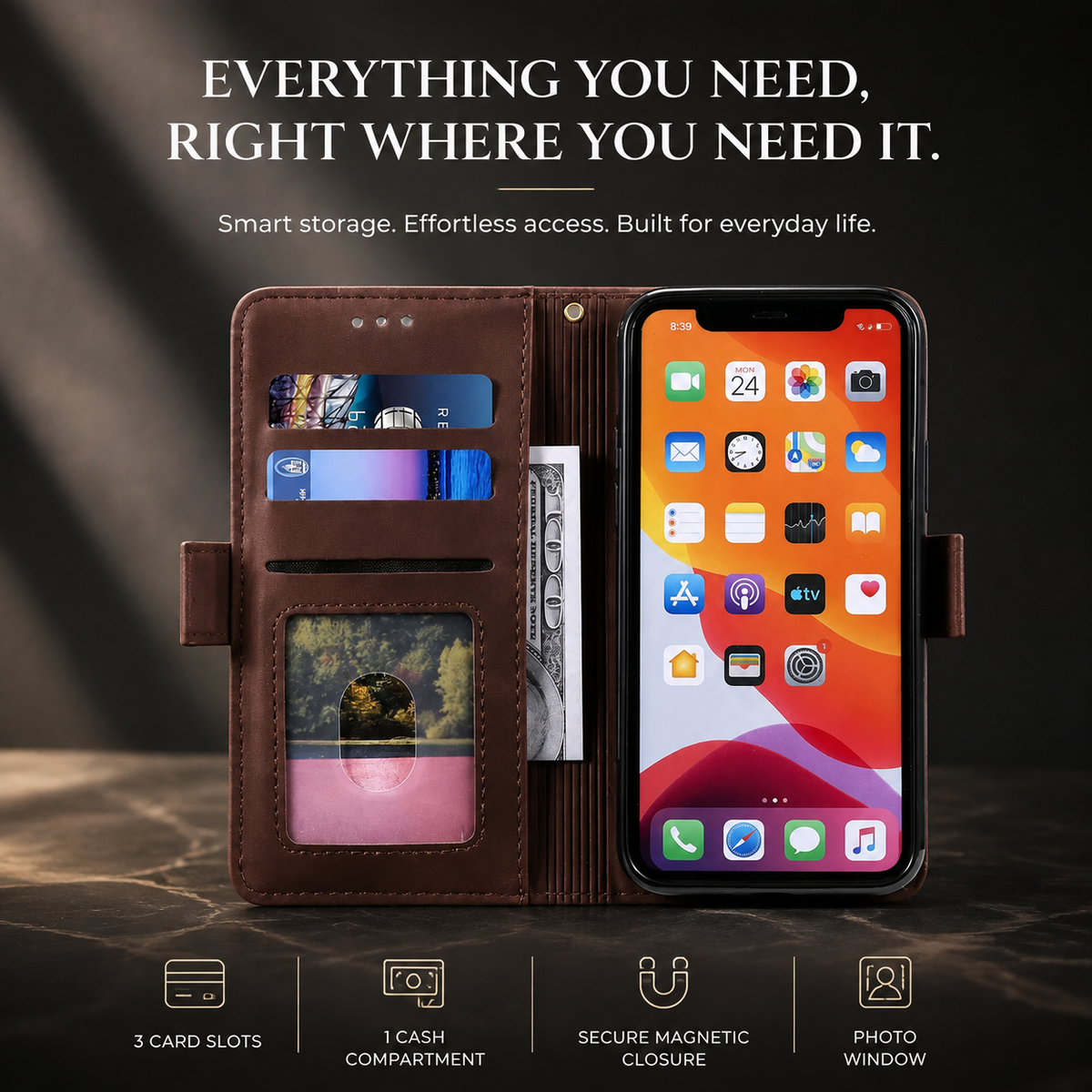 Premium iPhone Case MagSafe Leather Flip Wallet Card Holder Magnetic Closure Shockproof Camera Lens Protection Slim Full Coverage Protective Cover Fit