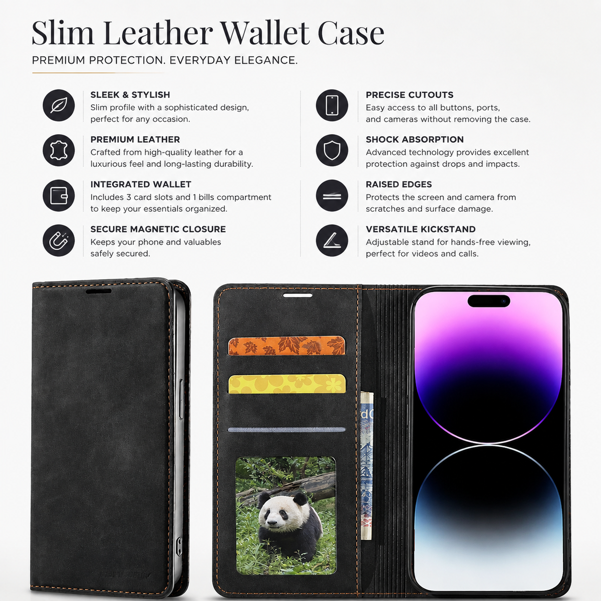 Premium iPhone Case MagSafe Leather Wallet Card Holder Flip Stand Magnetic Closure Shockproof Protective Cover Camera Protection Slim Executive Design