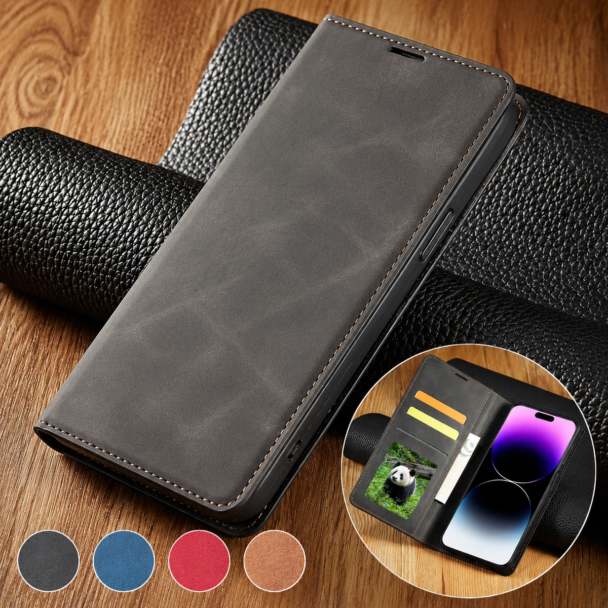 Premium iPhone Case MagSafe Leather Wallet Card Holder Flip Stand Magnetic Closure Shockproof Protective Cover Camera Protection Slim Executive Design