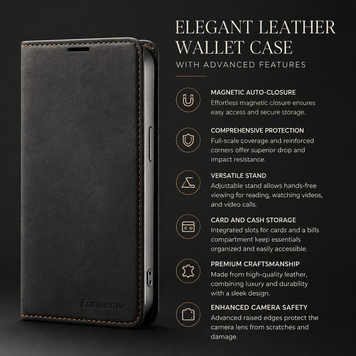 Premium iPhone Case MagSafe Leather Wallet Card Holder Flip Stand Magnetic Closure Shockproof Protective Cover Camera Protection Slim Executive Design