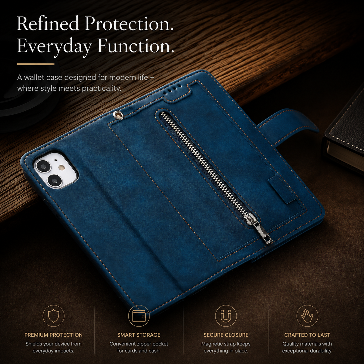 Premium iPhone Case MagSafe Leather Zipper Wallet Card Holder Flip Stand Strap Shockproof Camera Protection Magnetic Full Coverage Slim Design Clean