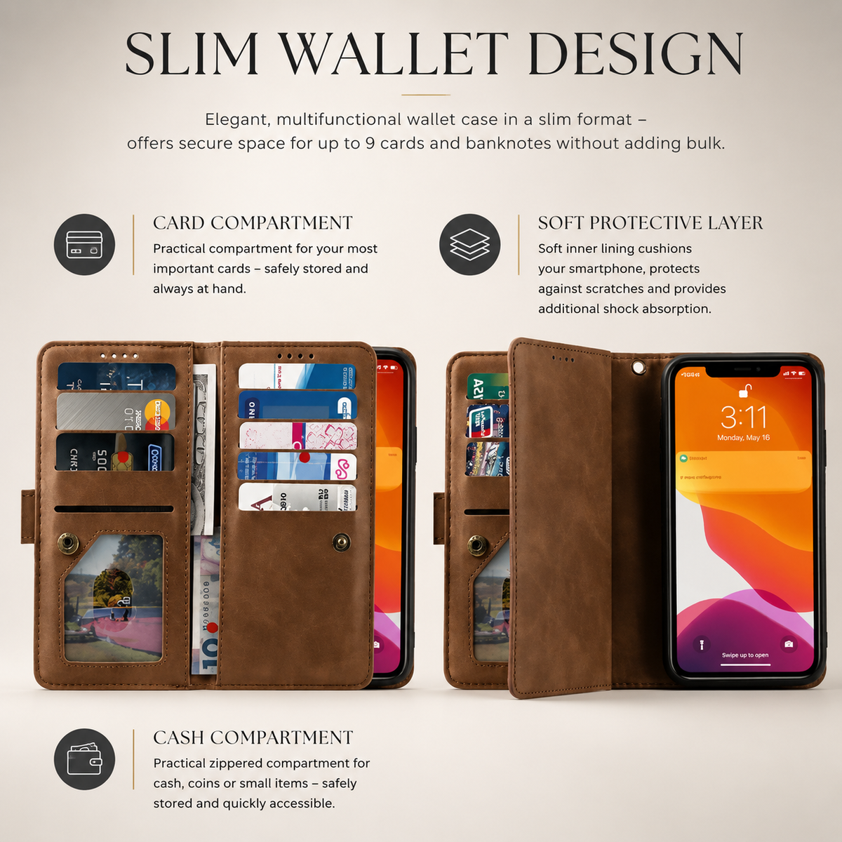 Premium iPhone Case MagSafe Leather Zipper Wallet Card Holder Flip Stand Strap Shockproof Camera Protection Magnetic Full Coverage Slim Design Clean