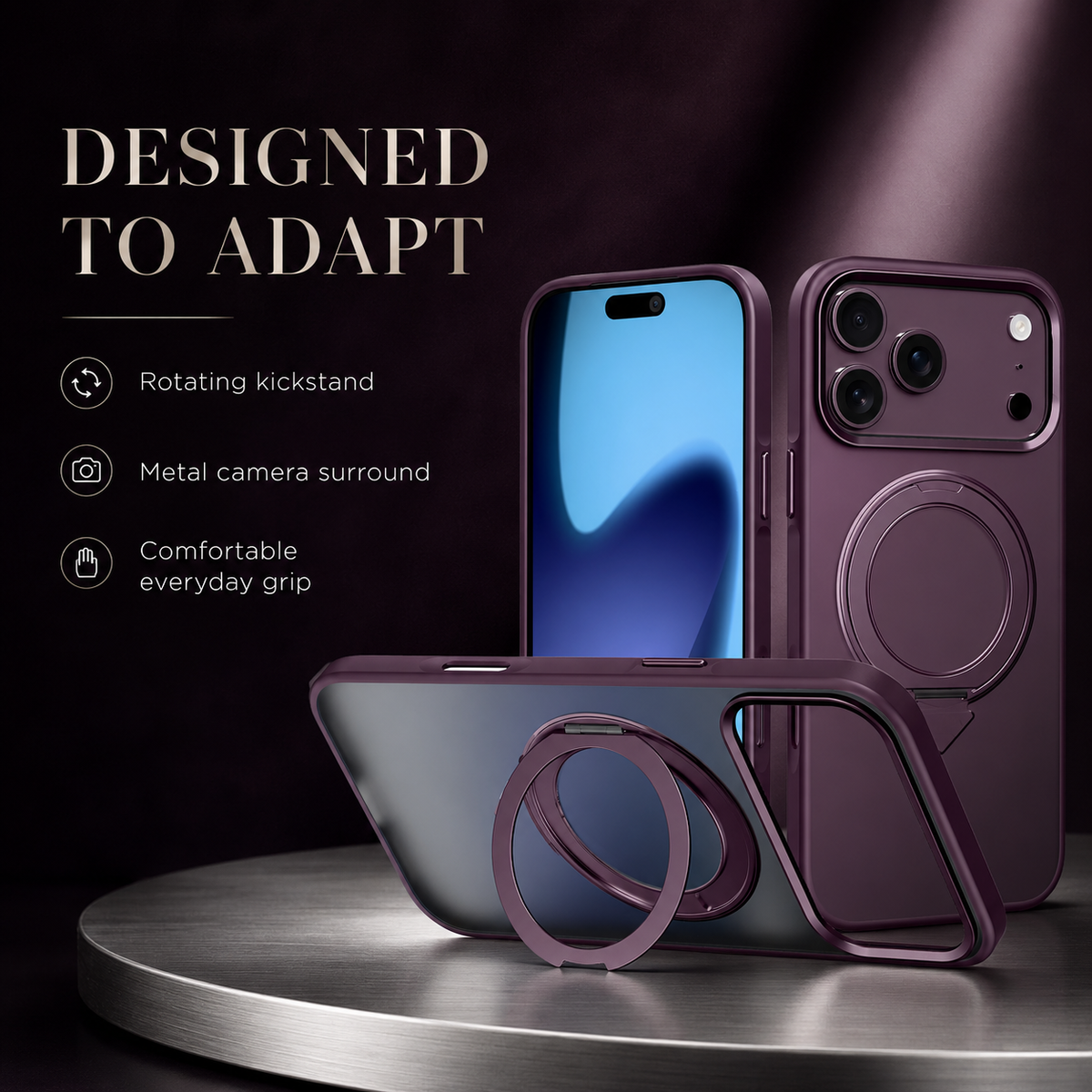 Premium iPhone Case MagSafe Magnetic 360 Rotating Stand Metal Lens Guard Skin Feel Shockproof Slim Fit Anti Drop Non Slip Durable Protective Phone Cover Case
