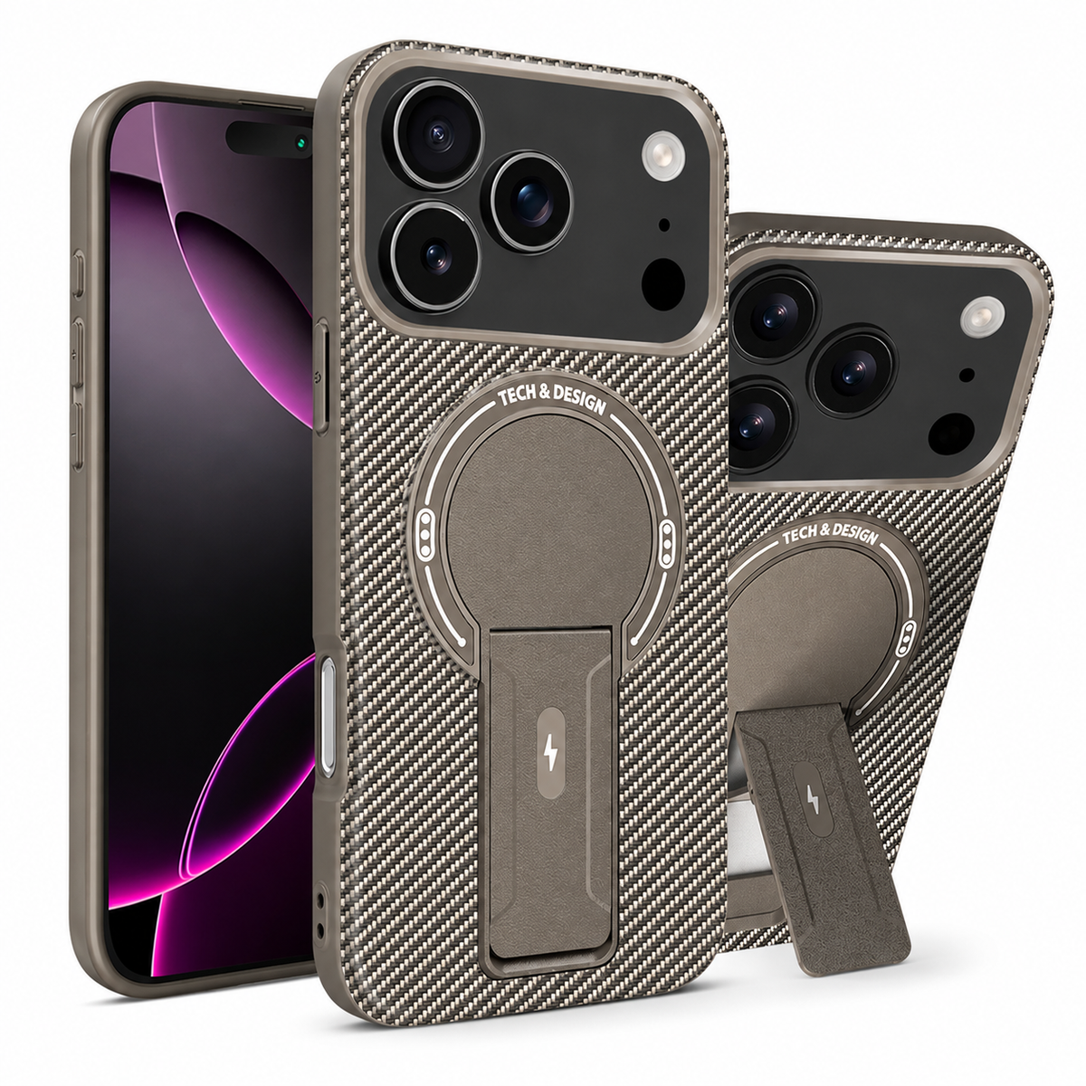 Premium iPhone Case MagSafe Magnetic Armor Carbon Fiber Shockproof PC TPU Ring Stand Kickstand Anti Scratch Non Slip Heavy Duty Full Coverage Cover