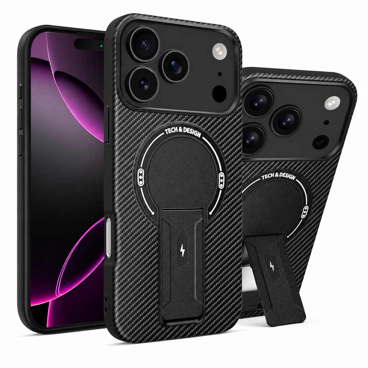Premium iPhone Case MagSafe Magnetic Armor Carbon Fiber Shockproof PC TPU Ring Stand Kickstand Anti Scratch Non Slip Heavy Duty Full Coverage Cover