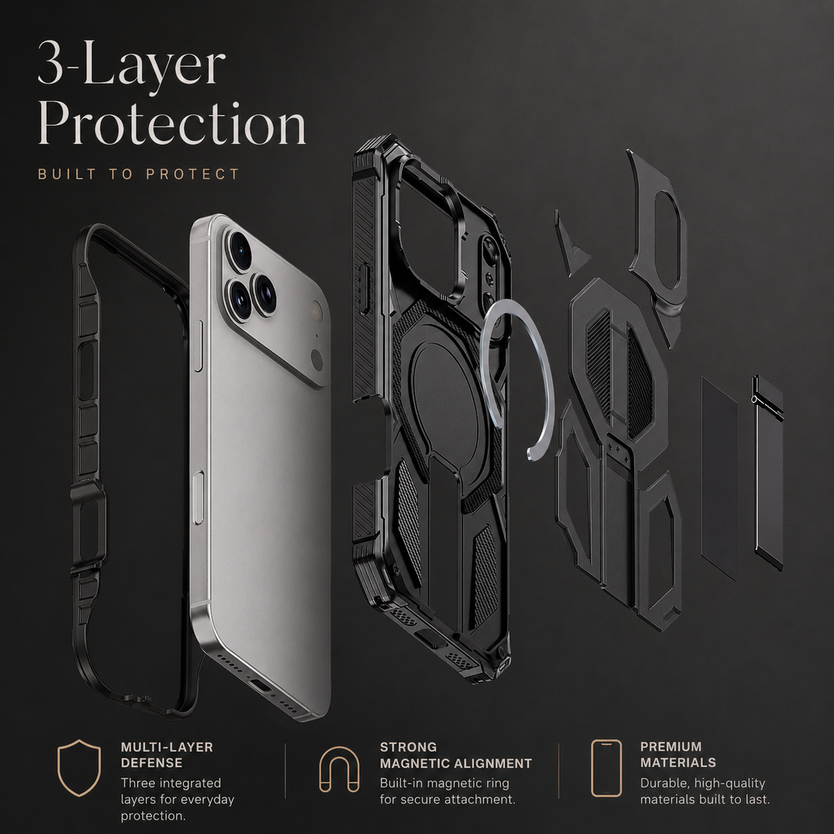 Premium iPhone Case MagSafe Magnetic Armor Metal Stand Shockproof PC TPU Dual Layer Heavy Duty Anti Scratch Matte Non Slip Protective Bumper Cover