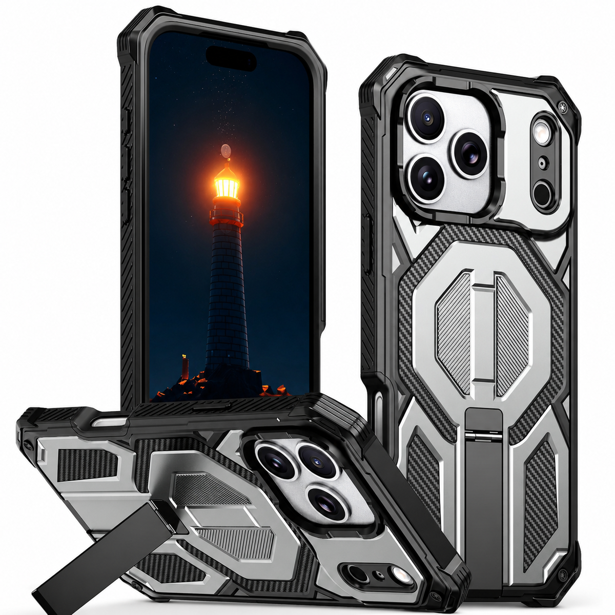 Premium iPhone Case MagSafe Magnetic Armor Metal Stand Shockproof PC TPU Dual Layer Heavy Duty Anti Scratch Matte Non Slip Protective Bumper Cover