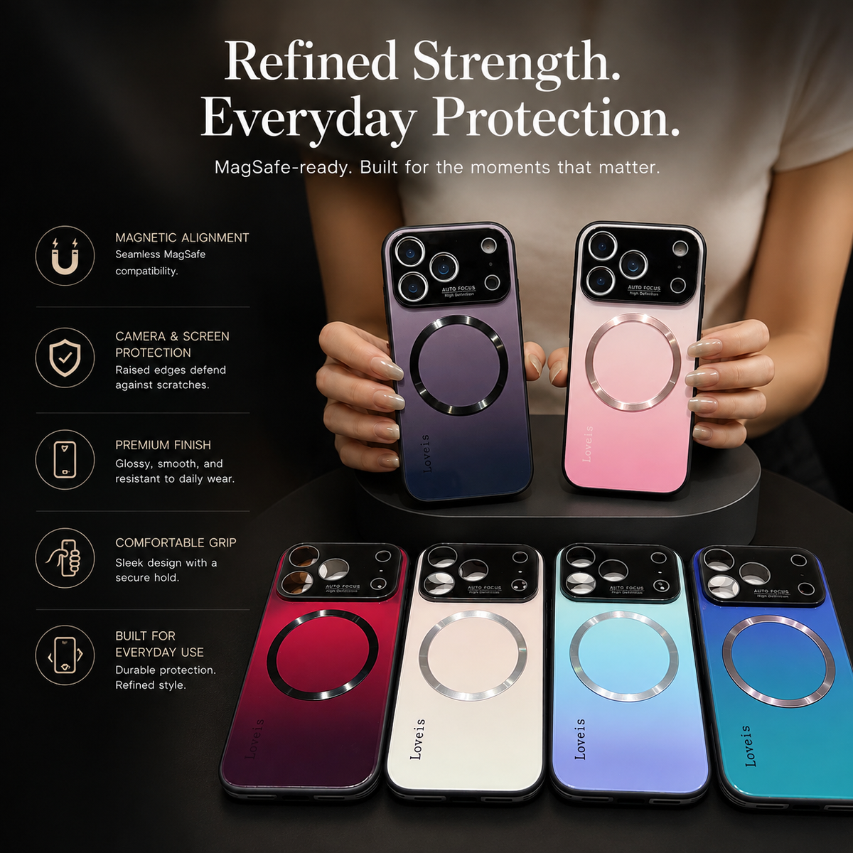 Premium iPhone Case MagSafe Magnetic Gradient Large Window Shockproof PC TPU Acrylic Protective Cover Anti Scratch Reflective Glitter Soft Case