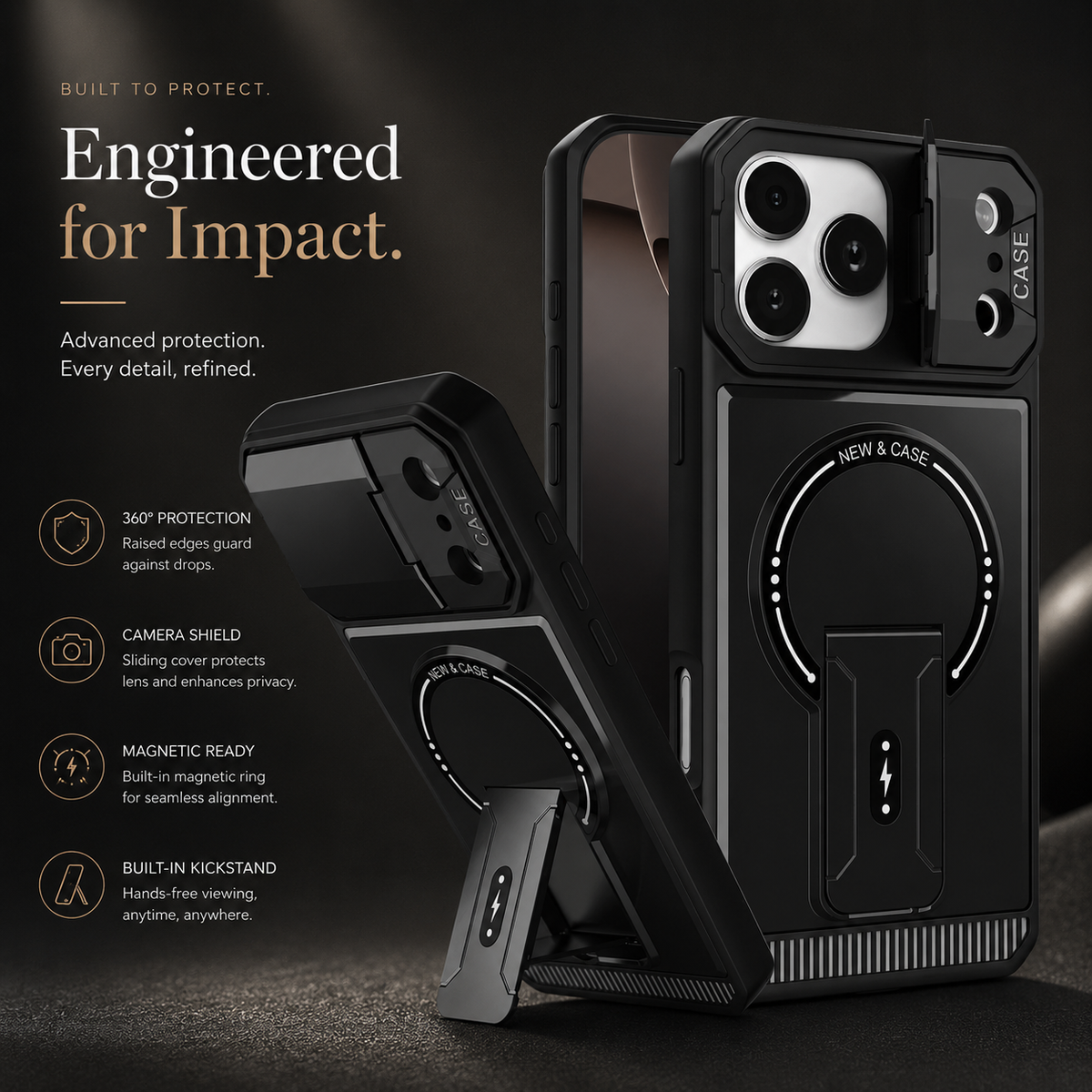Premium iPhone Case MagSafe Magnetic Kickstand Carbon Fiber Leather Protective Cover Camera Lens Protection Shockproof Slim Non Slip Stand Holder Case