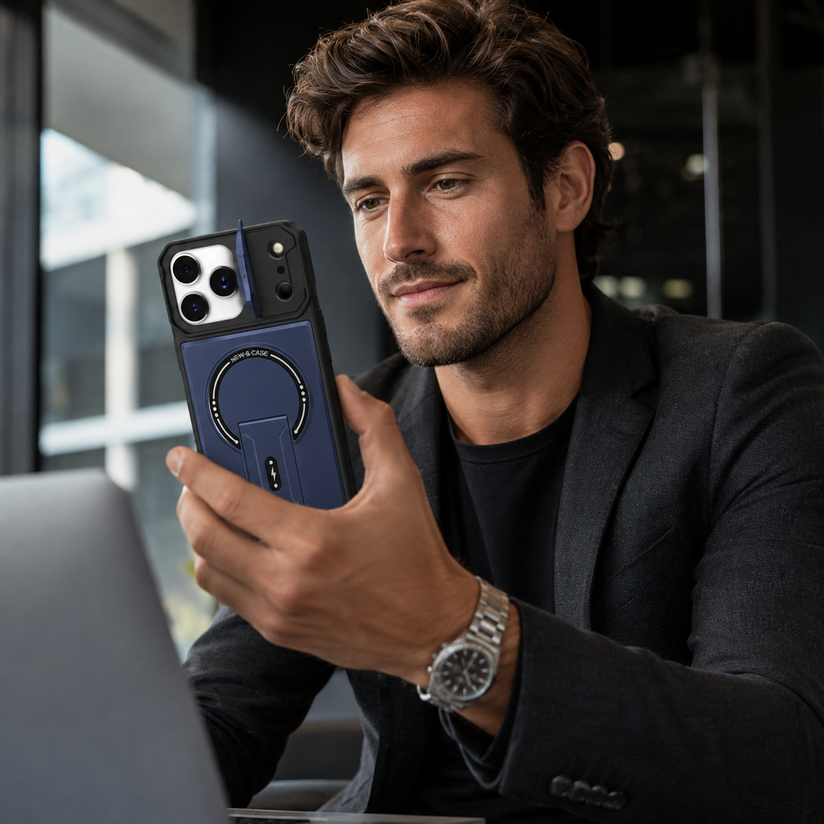 Premium iPhone Case MagSafe Magnetic Kickstand Carbon Fiber Leather Protective Cover Camera Lens Protection Shockproof Slim Non Slip Stand Holder Case