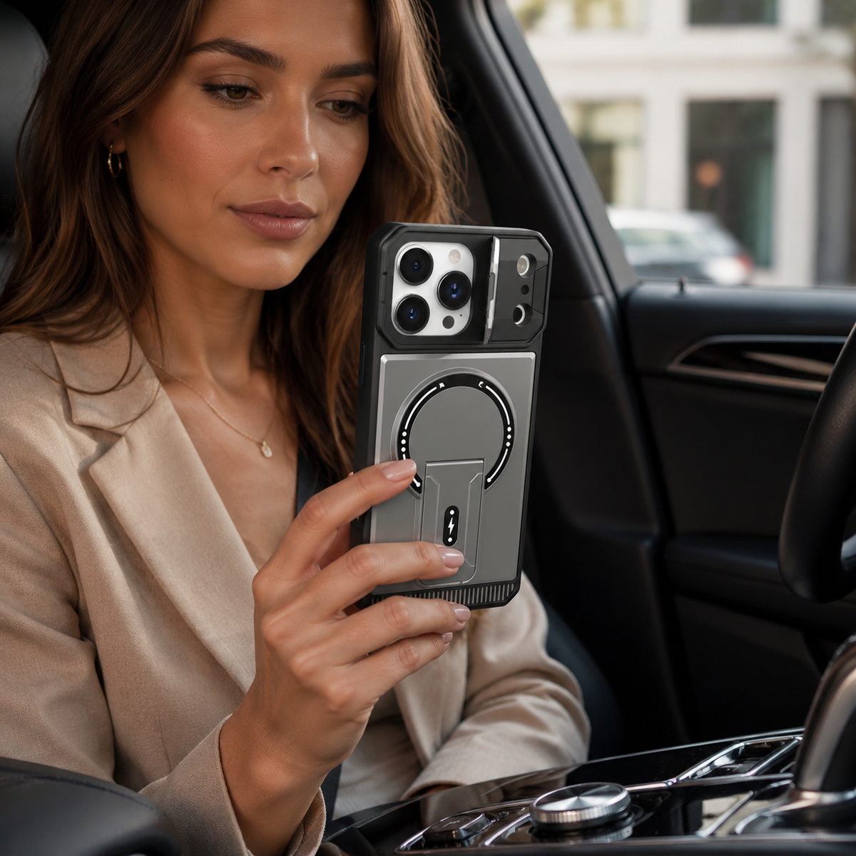 Premium iPhone Case MagSafe Magnetic Kickstand Carbon Fiber Leather Protective Cover Camera Lens Protection Shockproof Slim Non Slip Stand Holder Case