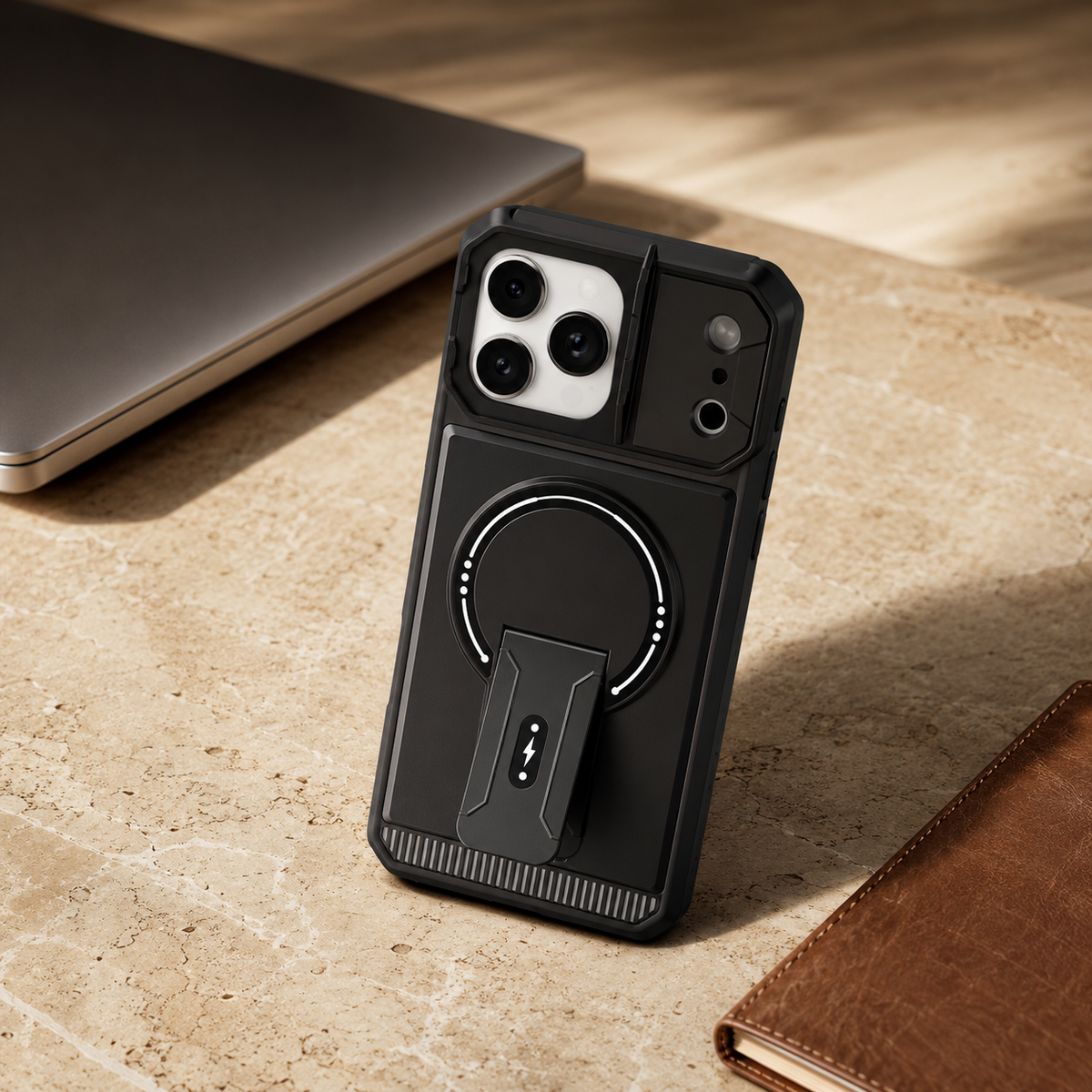 Premium iPhone Case MagSafe Magnetic Kickstand Carbon Fiber Leather Protective Cover Camera Lens Protection Shockproof Slim Non Slip Stand Holder Case