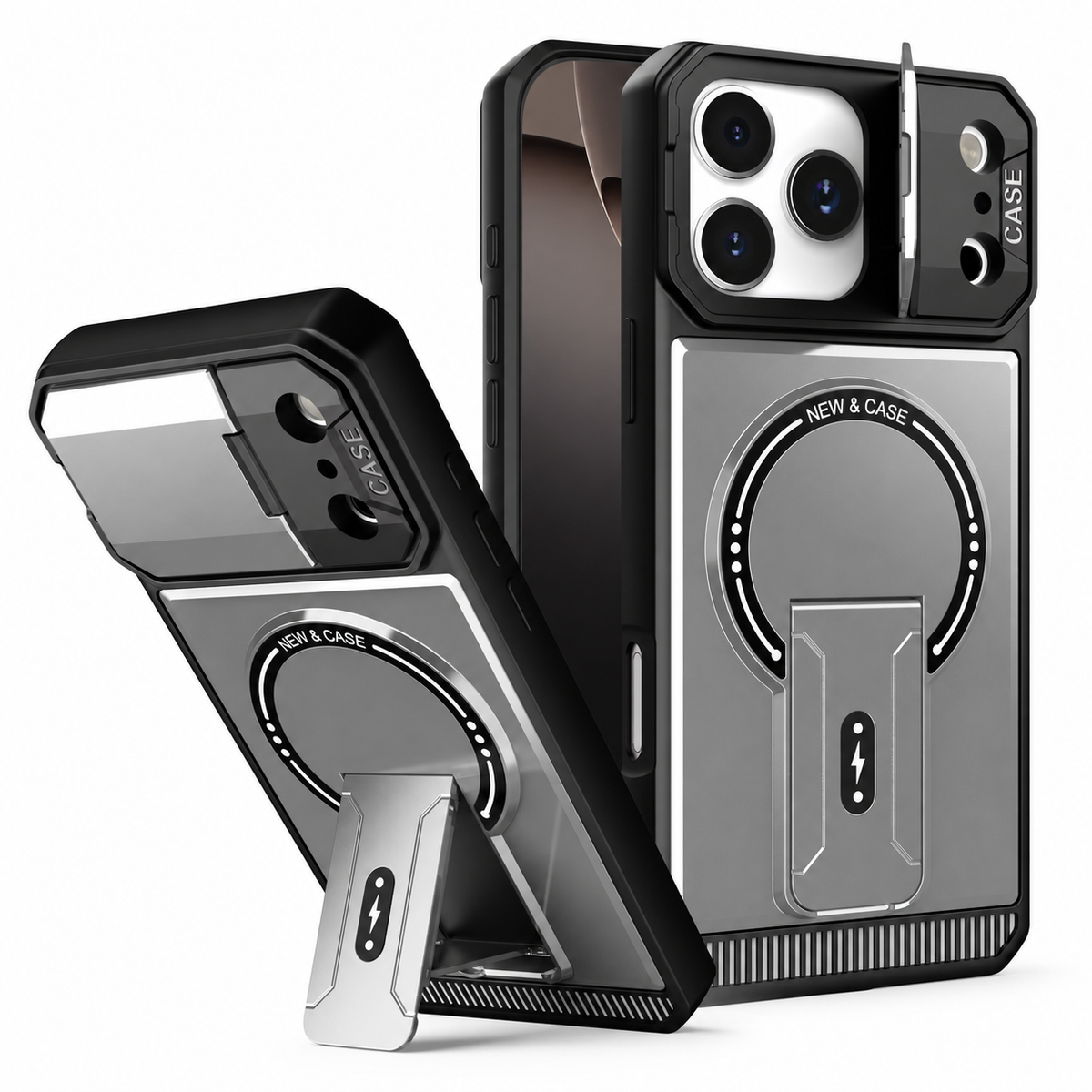 Premium iPhone Case MagSafe Magnetic Kickstand Carbon Fiber Leather Protective Cover Camera Lens Protection Shockproof Slim Non Slip Stand Holder Case