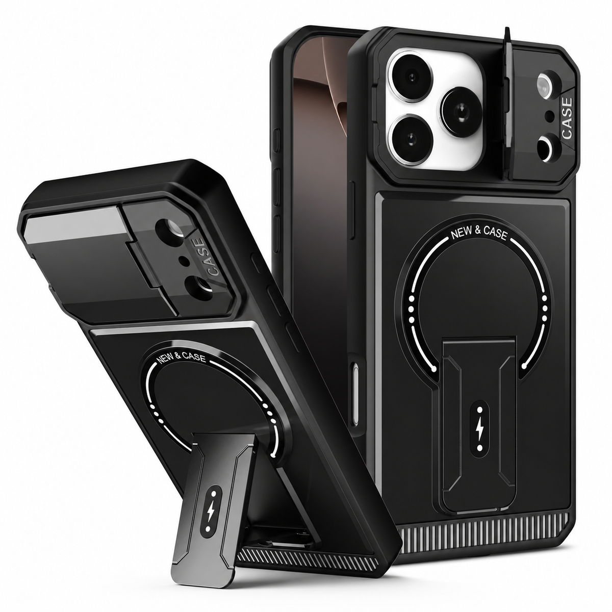 Premium iPhone Case MagSafe Magnetic Kickstand Carbon Fiber Leather Protective Cover Camera Lens Protection Shockproof Slim Non Slip Stand Holder Case