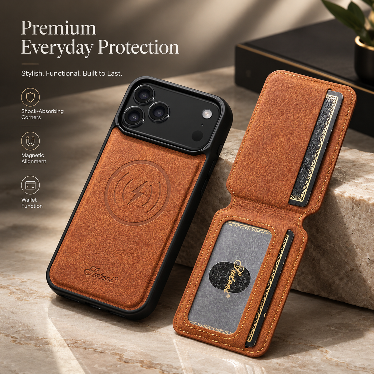 Premium iPhone Case MagSafe Magnetic PU Leather Wallet Card Holder Stand Wireless Charging Protective Cover Slim Non Slip Shockproof Business Case