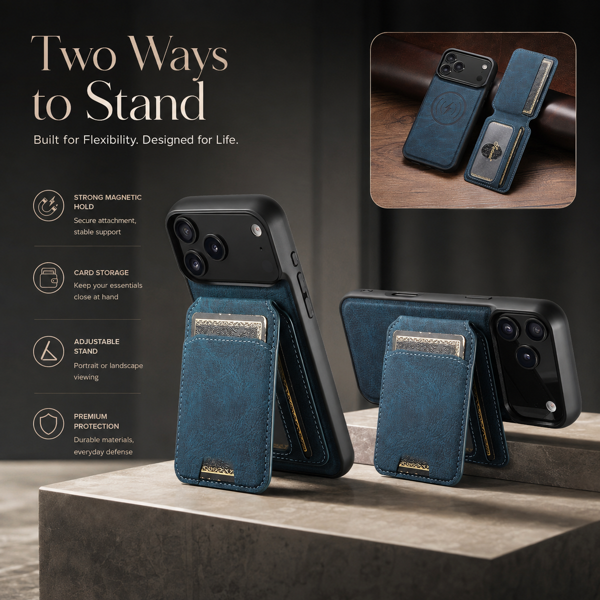 Premium iPhone Case MagSafe Magnetic PU Leather Wallet Card Holder Stand Wireless Charging Protective Cover Slim Non Slip Shockproof Business Case
