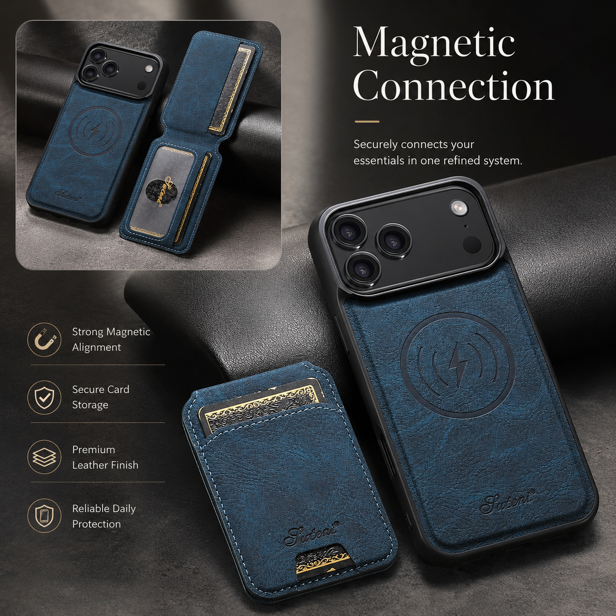 Premium iPhone Case MagSafe Magnetic PU Leather Wallet Card Holder Stand Wireless Charging Protective Cover Slim Non Slip Shockproof Business Case
