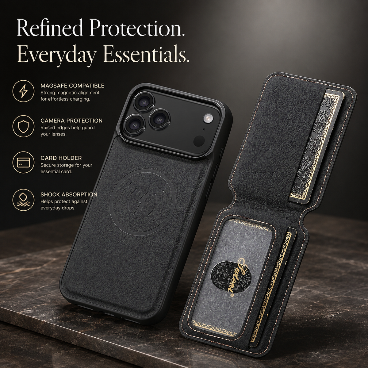 Premium iPhone Case MagSafe Magnetic PU Leather Wallet Card Holder Stand Wireless Charging Protective Cover Slim Non Slip Shockproof Business Case