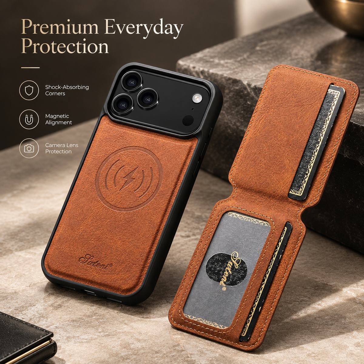 Premium iPhone Case MagSafe Magnetic PU Leather Wallet Card Holder Stand Wireless Charging Protective Cover Slim Non Slip Shockproof Business Case