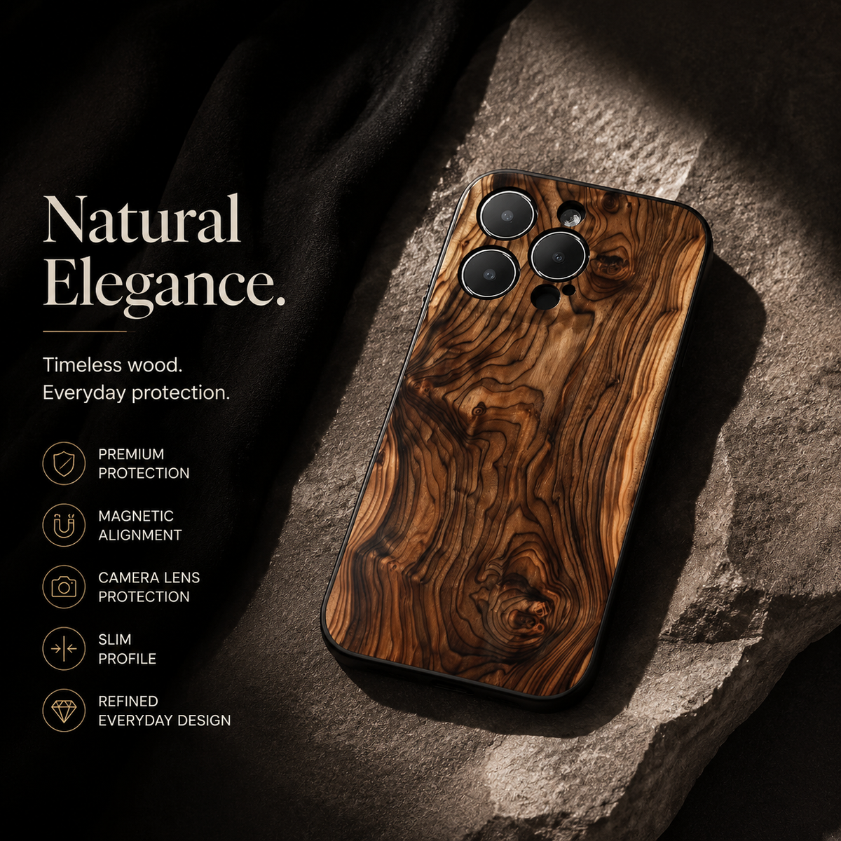 Premium iPhone Case MagSafe Natural Wood Back TPU Bumper Shockproof Magnetic Cover Camera Lens Protection Ultra Thin Slim Protective Design