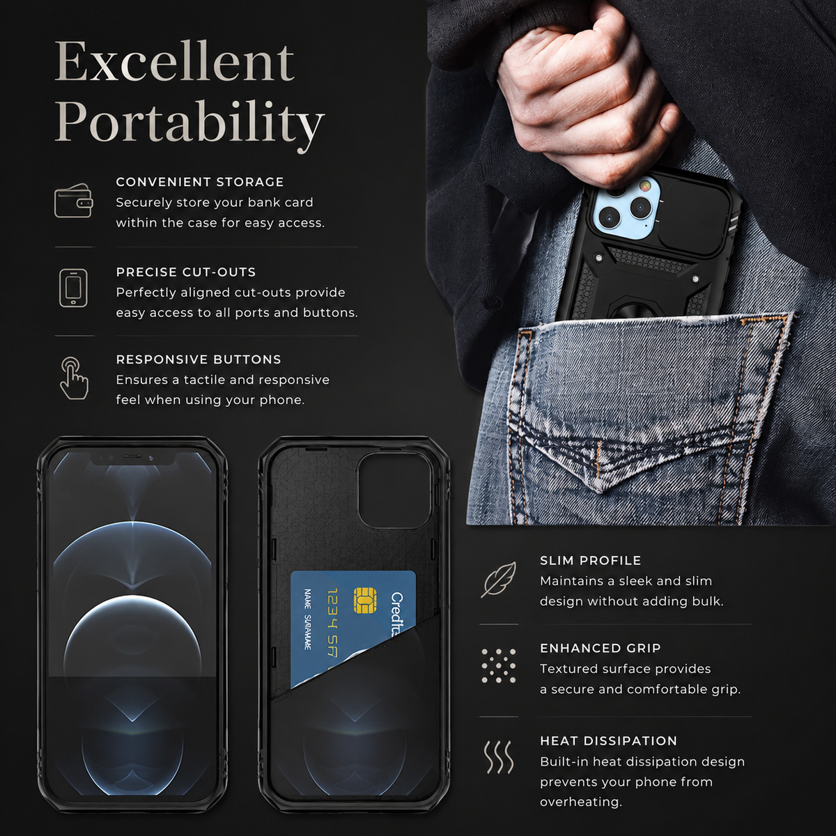Premium iPhone Case MagSafe Rugged Armor Card Holder Kickstand Shockproof Camera Lens Protection Heavy Duty Cover 360 Rotating Stand Magnetic Grip Pro