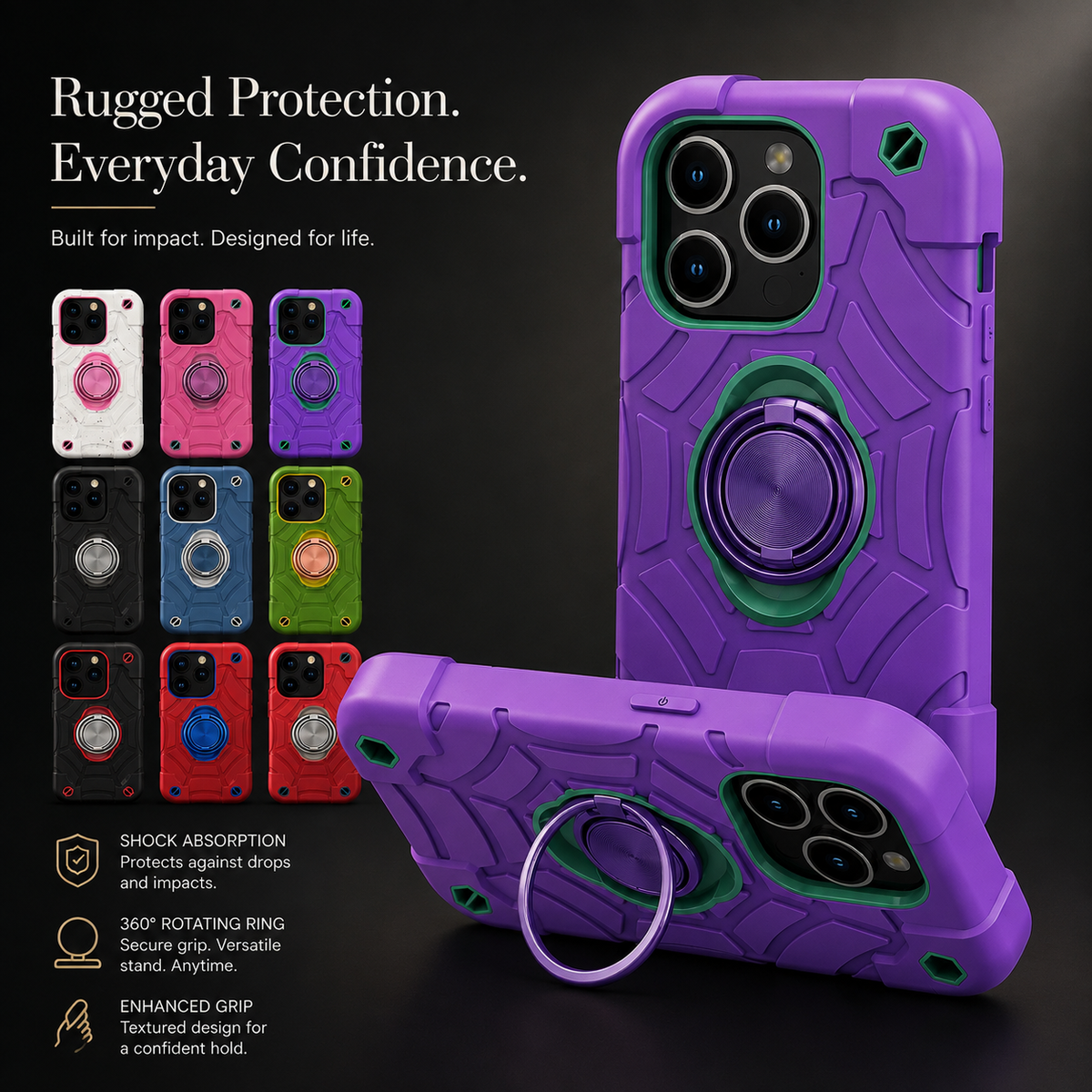 Premium iPhone Case MagSafe Rugged Armor Shockproof PC TPU Ring Holder Kickstand Anti Slip Grip Camera Protection Full Coverage Slim Protective Design