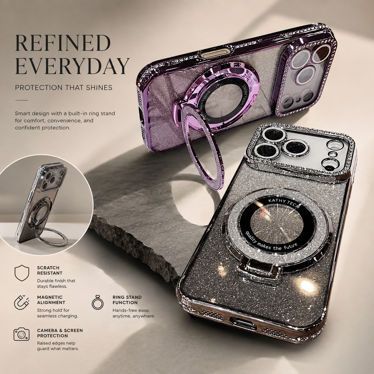 Premium iPhone Case MagSafe Transparent Diamond Glitter Magnetic Protective Cover Camera Lens Protection Kickstand Clear TPU Anti Scratch Slim Case