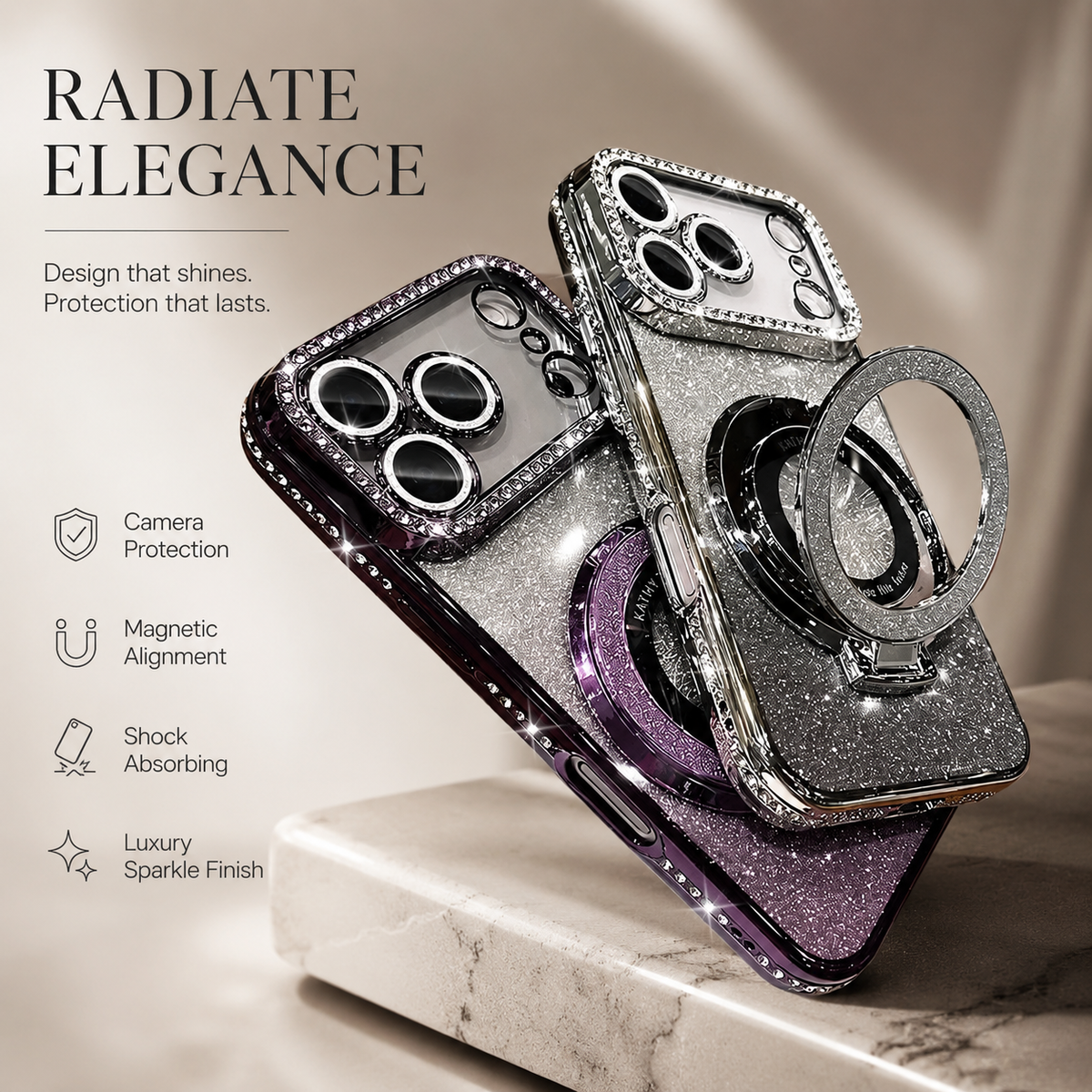 Premium iPhone Case MagSafe Transparent Diamond Glitter Magnetic Protective Cover Camera Lens Protection Kickstand Clear TPU Anti Scratch Slim Case