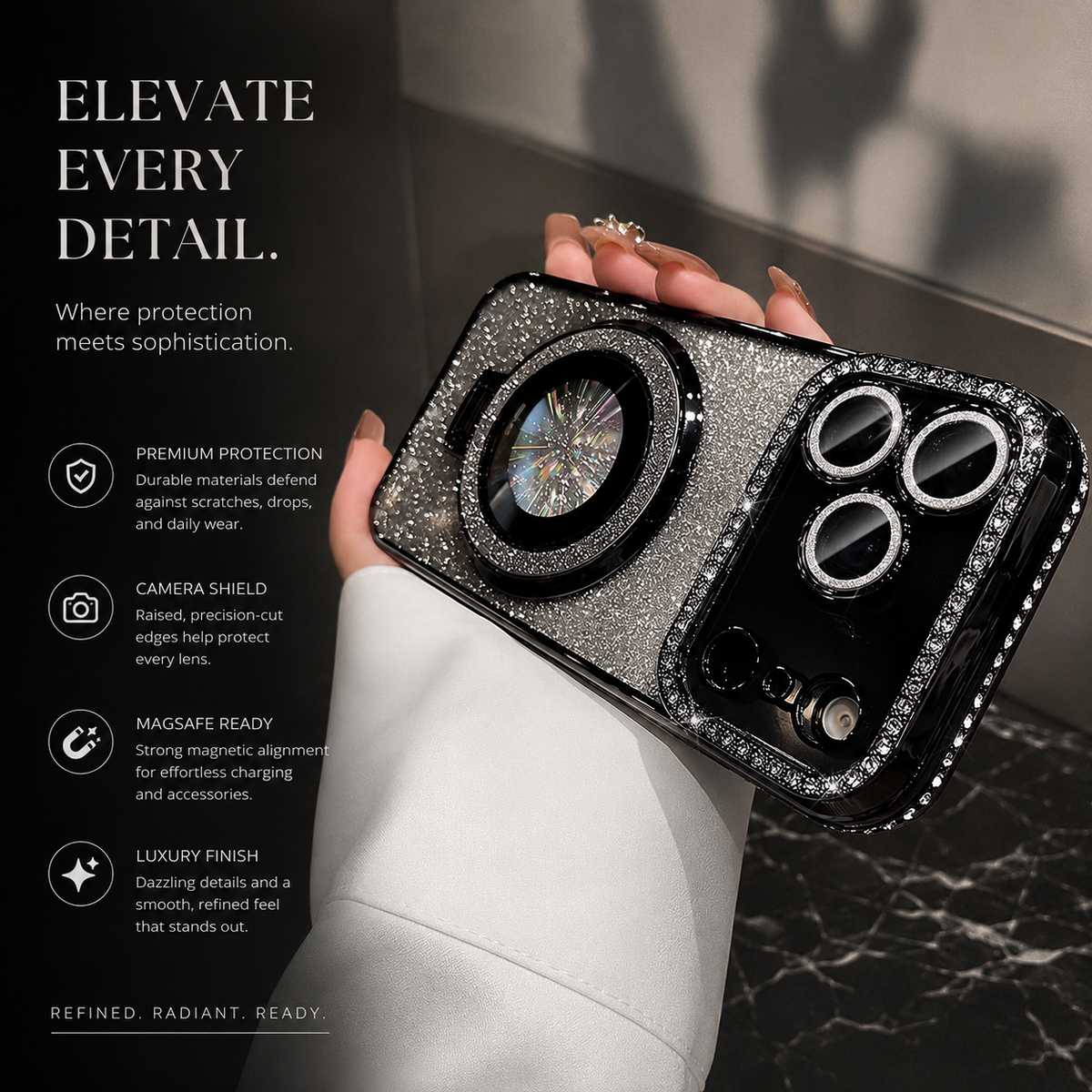 Premium iPhone Case MagSafe Transparent Diamond Glitter Magnetic Protective Cover Camera Lens Protection Kickstand Clear TPU Anti Scratch Slim Case