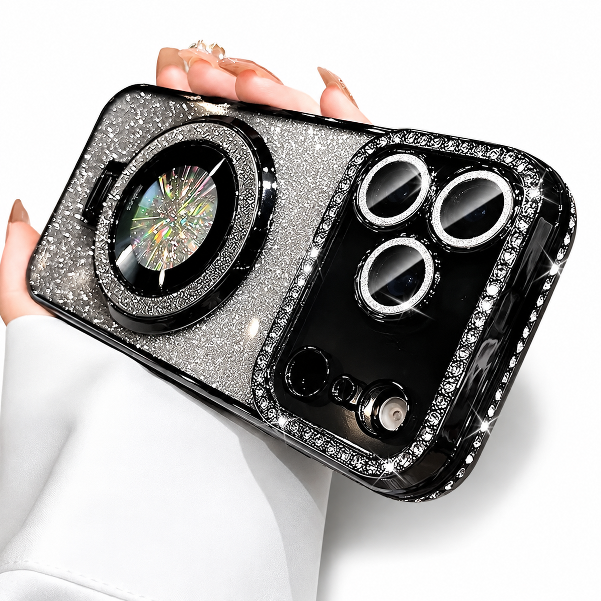 Premium iPhone Case MagSafe Transparent Diamond Glitter Magnetic Protective Cover Camera Lens Protection Kickstand Clear TPU Anti Scratch Slim Case