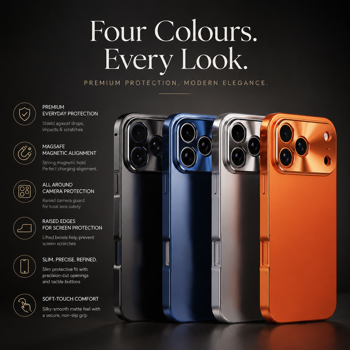 Premium iPhone Case MagSafe Ultra Thin Aluminum Frame Frosted Matte Back Shockproof Camera Protection Anti Fingerprint Slim Full Coverage Design Style