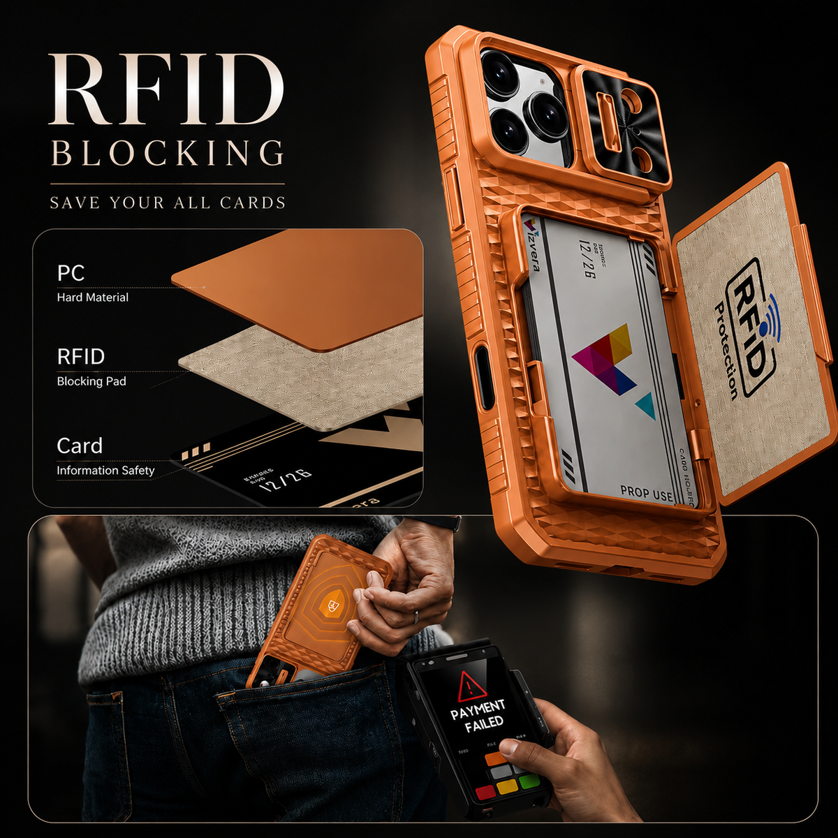 Premium iPhone Case MagSafe Wallet Card Holder Sliding Camera Cover RFID Blocking Shockproof Kickstand Dual Layer Protective Cover Full Protection Fit