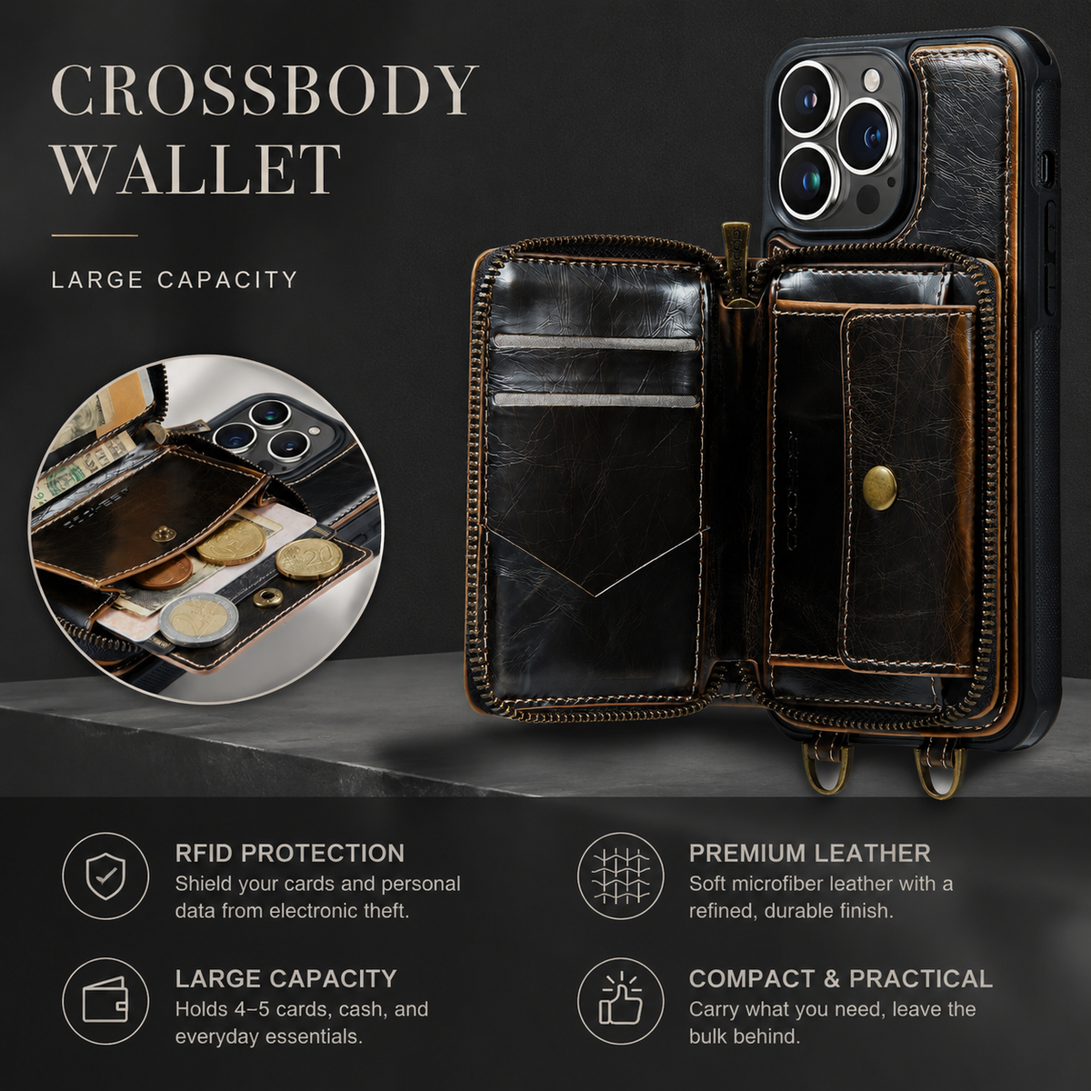 Premium iPhone Case MagSafe Wallet Leather Crossbody Card Holder Stand Shockproof Protective Cover Camera Lens Protection Slim Design Phone Chain Grip