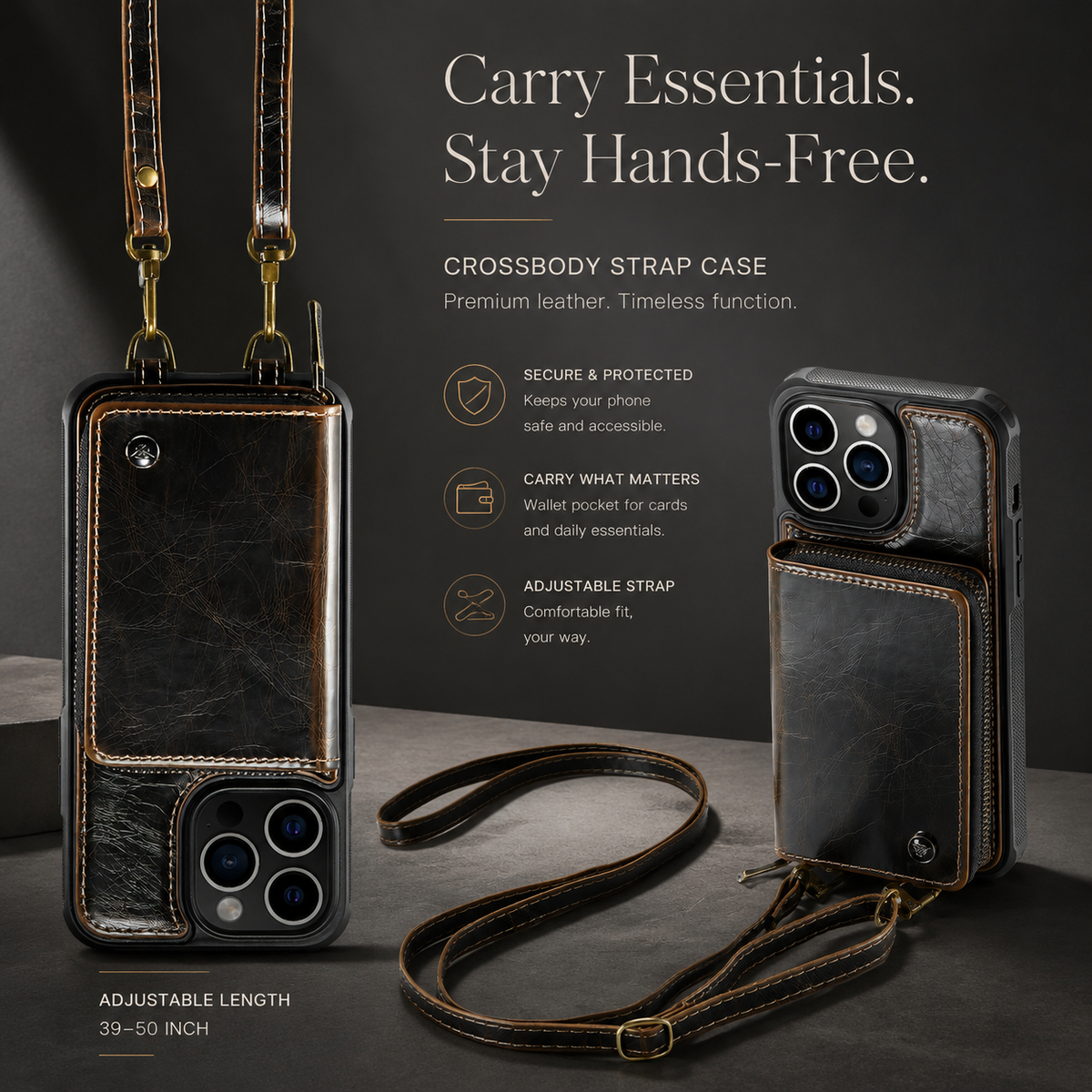 Premium iPhone Case MagSafe Wallet Leather Crossbody Card Holder Stand Shockproof Protective Cover Camera Lens Protection Slim Design Phone Chain Grip
