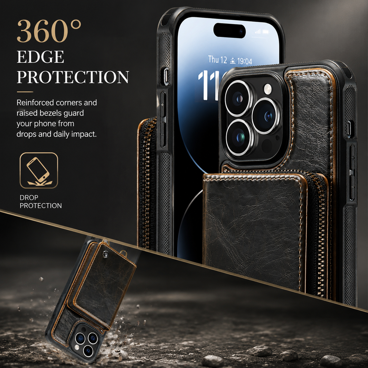 Premium iPhone Case MagSafe Wallet Leather Crossbody Card Holder Stand Shockproof Protective Cover Camera Lens Protection Slim Design Phone Chain Grip
