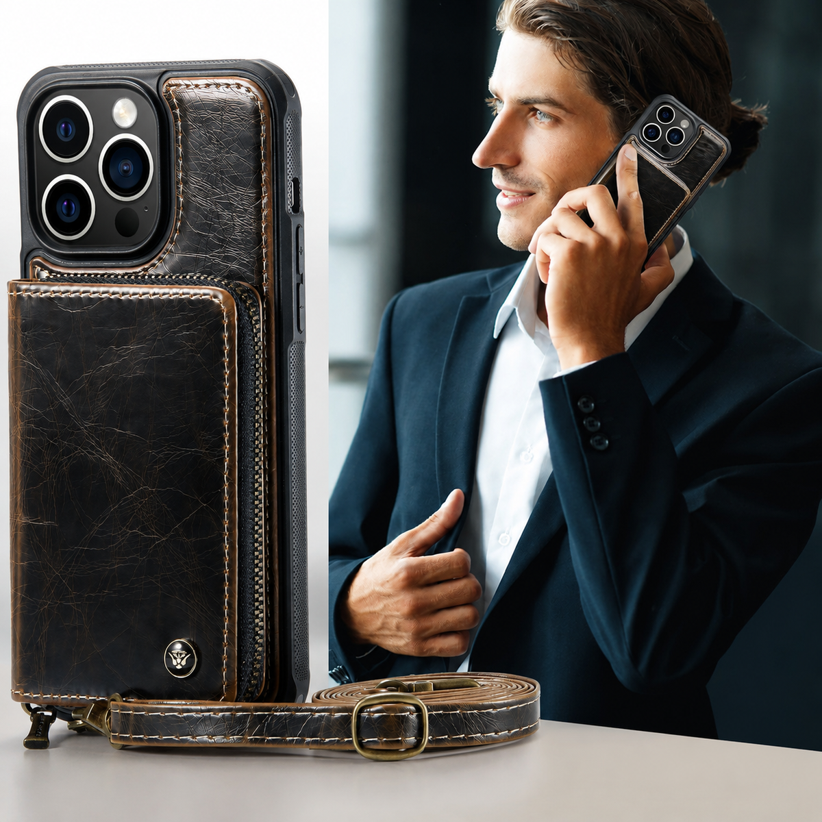 Premium iPhone Case MagSafe Wallet Leather Crossbody Card Holder Stand Shockproof Protective Cover Camera Lens Protection Slim Design Phone Chain Grip