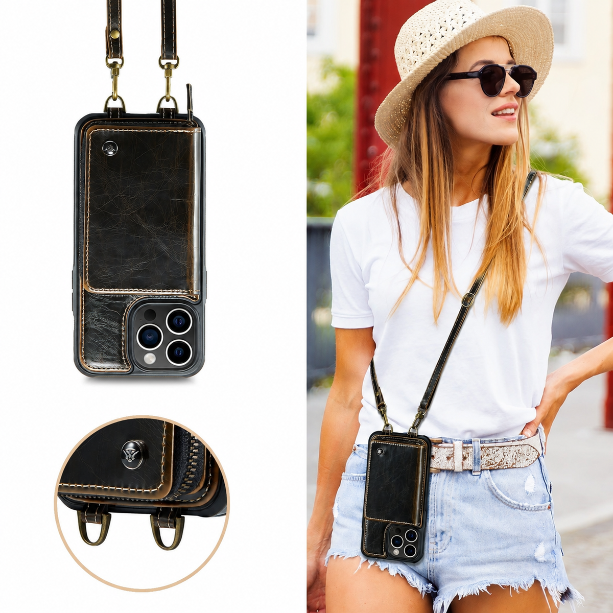 Premium iPhone Case MagSafe Wallet Leather Crossbody Card Holder Stand Shockproof Protective Cover Camera Lens Protection Slim Design Phone Chain Grip