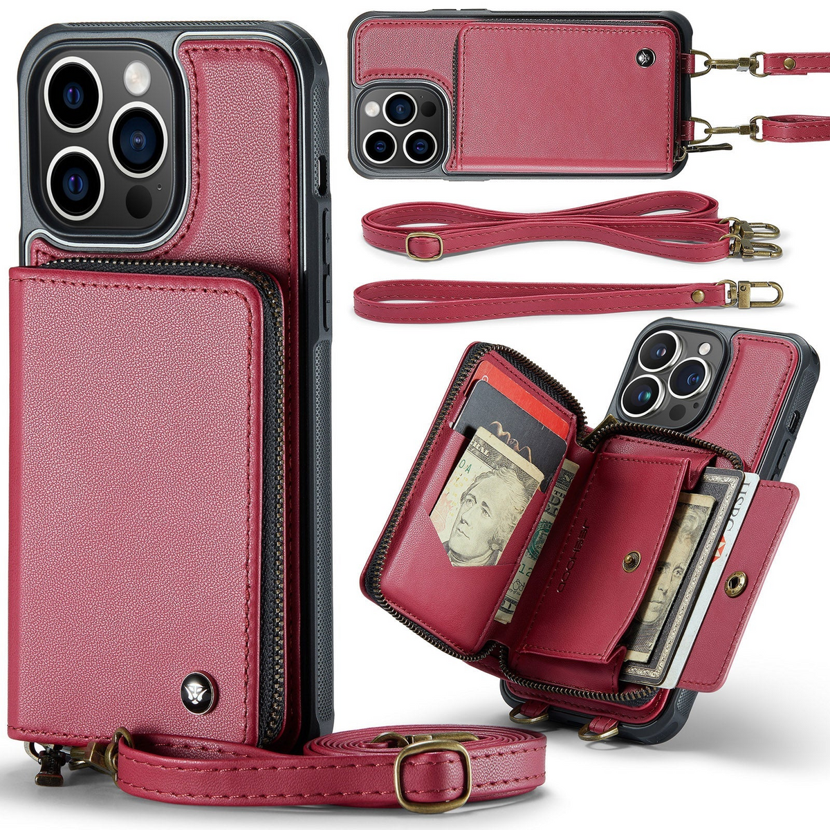 Premium iPhone Case MagSafe Wallet Leather Crossbody Card Holder Stand Shockproof Protective Cover Camera Lens Protection Slim Design Phone Chain Grip