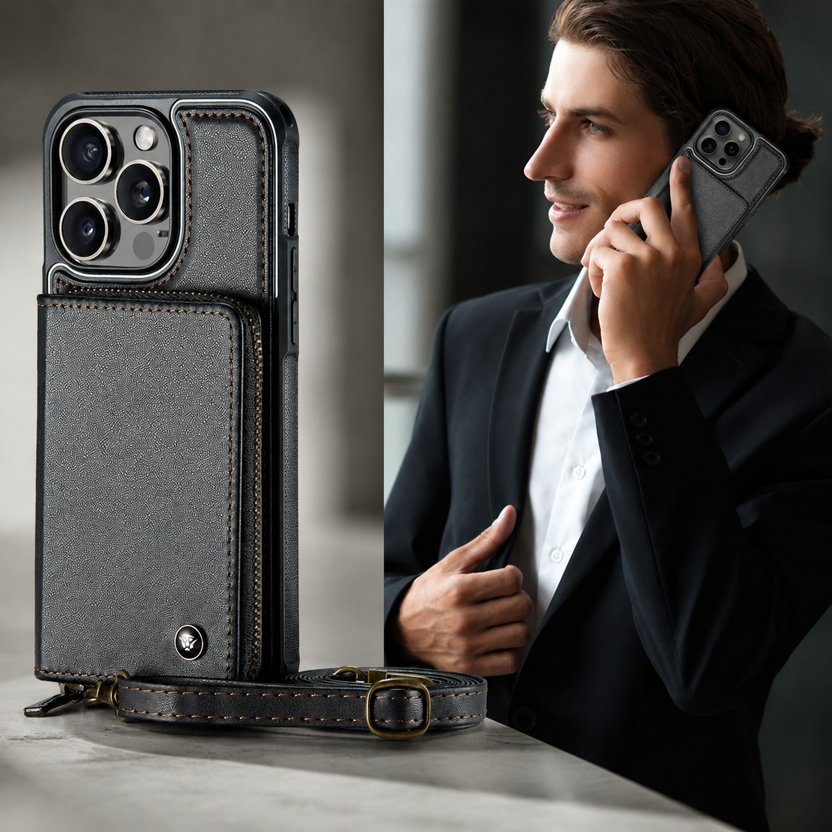 Premium iPhone Case MagSafe Wallet Leather Crossbody Card Holder Stand Shockproof Protective Cover Camera Lens Protection Slim Design Phone Chain Grip