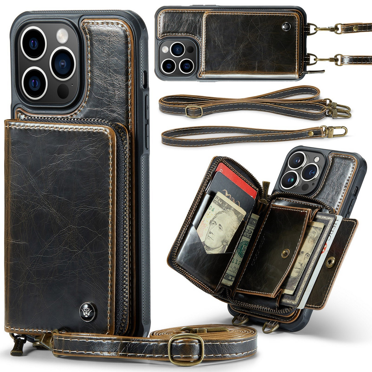 Premium iPhone Case MagSafe Wallet Leather Crossbody Card Holder Stand Shockproof Protective Cover Camera Lens Protection Slim Design Phone Chain Grip